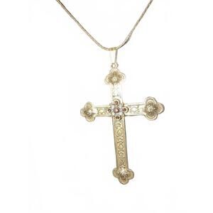 Vintage Gold Tone Cross Pendant Necklace with Floral Detail